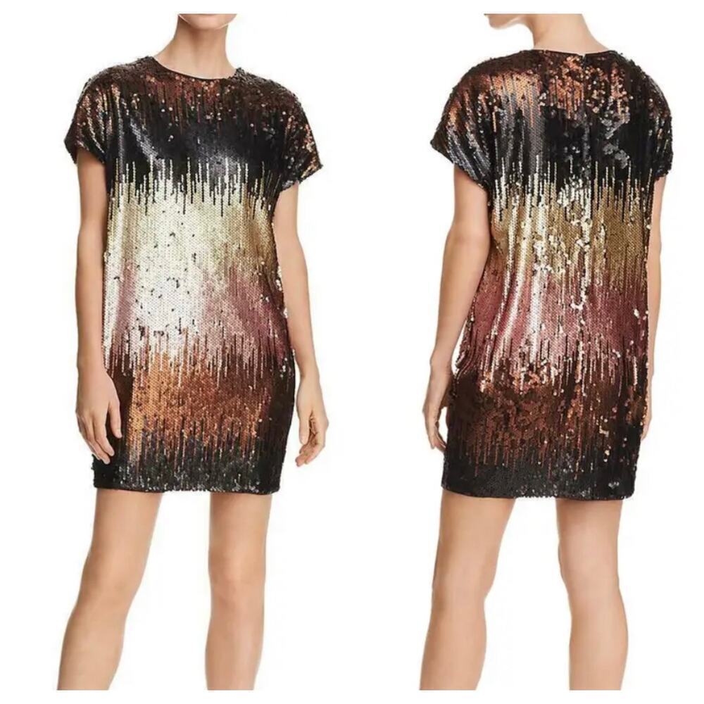 Aidan Mattox Dress Sequin Ombre Mini Shift Short Sleeve Black Pink Gold 0 XS